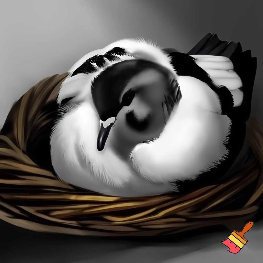 Piccione bianco e nero che dorme in una cesta