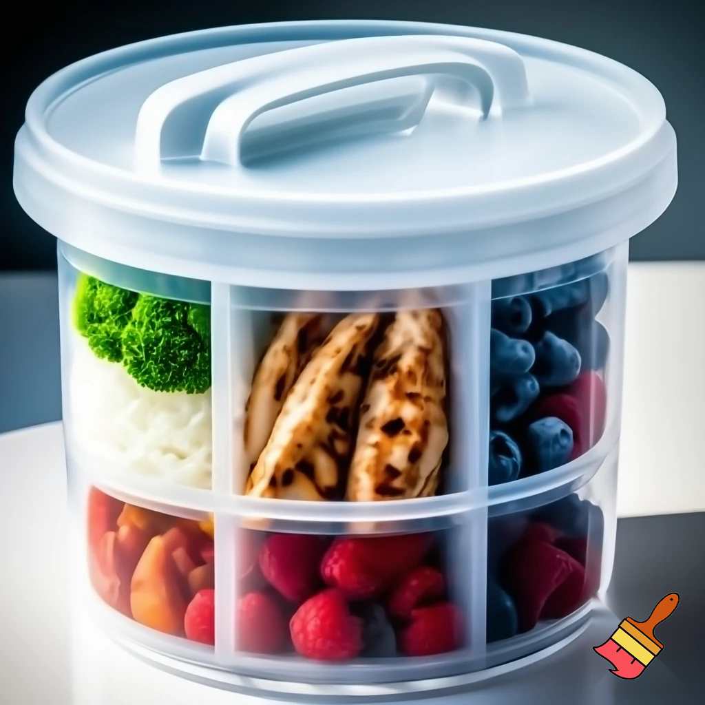 make a cylindrical food storage that has a handle ontop and has 4 sections holing different food
