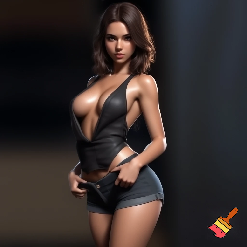 girl 20 years old so cool and cute is dressing a low cut dress and very revaluing and cool short black jeans is standing make is so realistic is doing an cool pose and the girl is holding her jeans with cool pose and her body is shiny