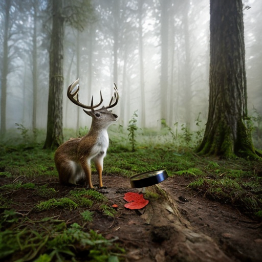 A gentle, intelligent-looking female deer named Mimi stands in a misty, magical forest. She wears a classic tweed deerstalker hat, like an old-fashioned detective. Perched playfully between her antlers is a tiny, energetic squirrel, acting as a lookout, peering into the distance. In the foreground, a large bear footprint and a bright red berry lie on the forest floor, being carefully examined through a shiny magnifying glass held near them. The forest is full of tall trees with soft green leaves, beams of sunlight shining through the mist, and dappled light on the ground. The mood is “whimsical mystery” — cozy, curious, and slightly foggy, with soft, storybook-style colors and gentle expressions on the animals’ faces