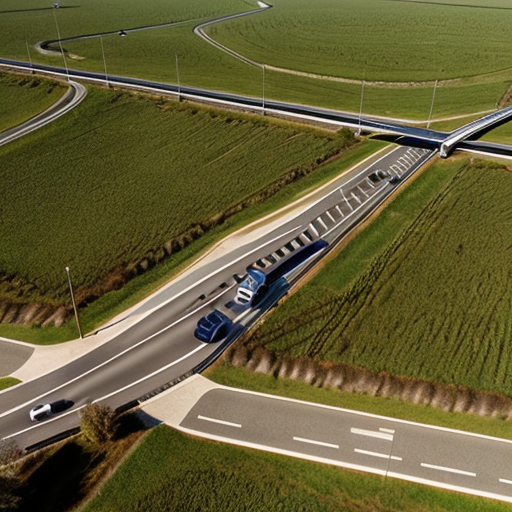 a road with a zebra crossing it one end in a suburban setting, symmetrical aerial view
