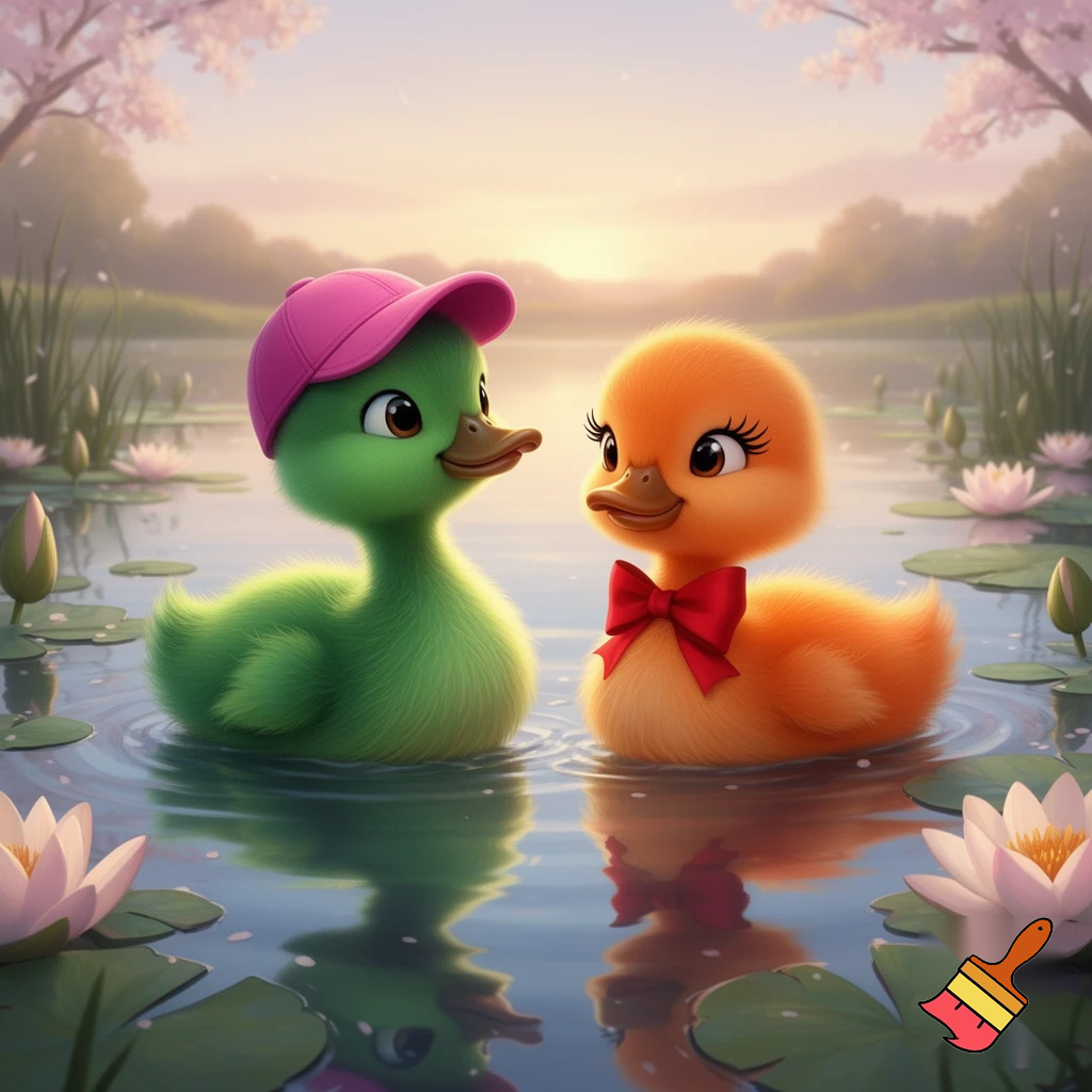 Green brother duckling with pink cap and orange sister duckling with eyelashes and red bow can have both names.