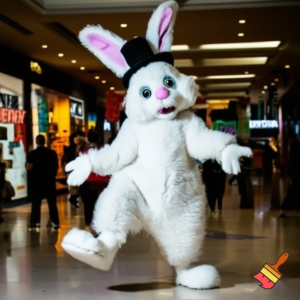 Easter bunny mascot top hat at the shopping centre mascot costume Darrell Lea magic room Australia dancing