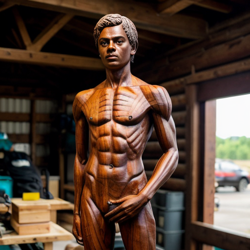 Hyper-realistic documentary style photograph of a teenage wood sculptor carving a life-size full-body wooden statue (9:16 scale) of [IRONHEART], the statue is standing upright in a neutral pose, the statue is the same height as the sculptor or slightly taller, full body visible from head to feet, realistic human proportions, extremely detailed wood grain, visible chisel marks, carved clothing folds, the sculptor is standing close and working on the statue’s leg area using a hammer and chisel, outdoor rustic workshop, wooden logs and planks around, sawdust and wood shavings scattered everywhere, natural soft sunlight, cinematic bokeh, natural shadows, realistic earthy tones, Nikon DSLR photo, 85mm lens, f/1.8 depth of field, ultra sharp focus on the statue and the sculptor hands, 8K realism, professional documentary photography, no text, no watermark