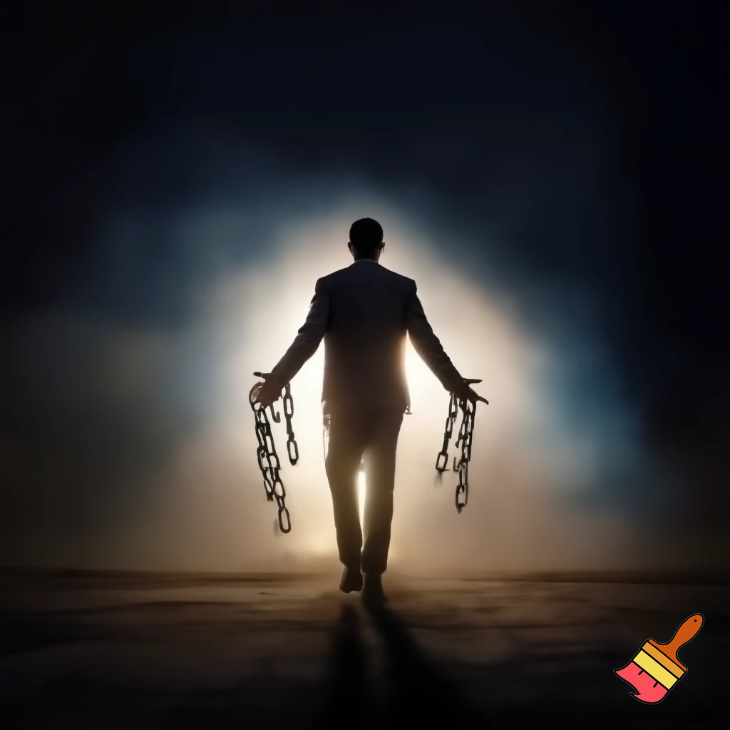 A man walking from darkness into bright light, broken chains on hands, dust and smoke behind, symbol of freedom and growth, cinematic composition, emotional depth, realistic lighting, hope and determination theme, ultra-high resolution