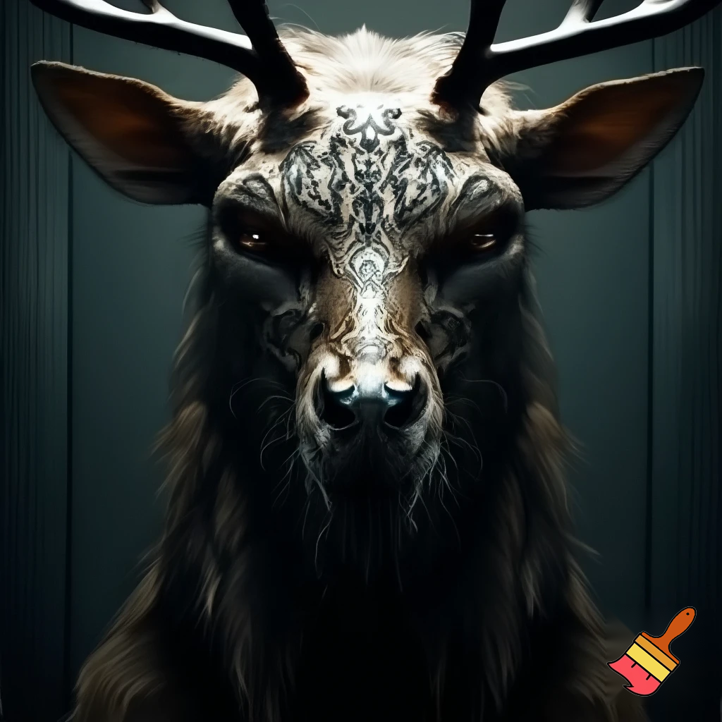 mugshot of a scary deer with tattoo