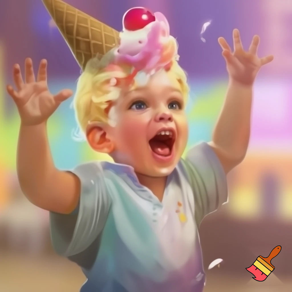 Kid with blond hair and ice cream hair cut moving hands up and down shouting 67