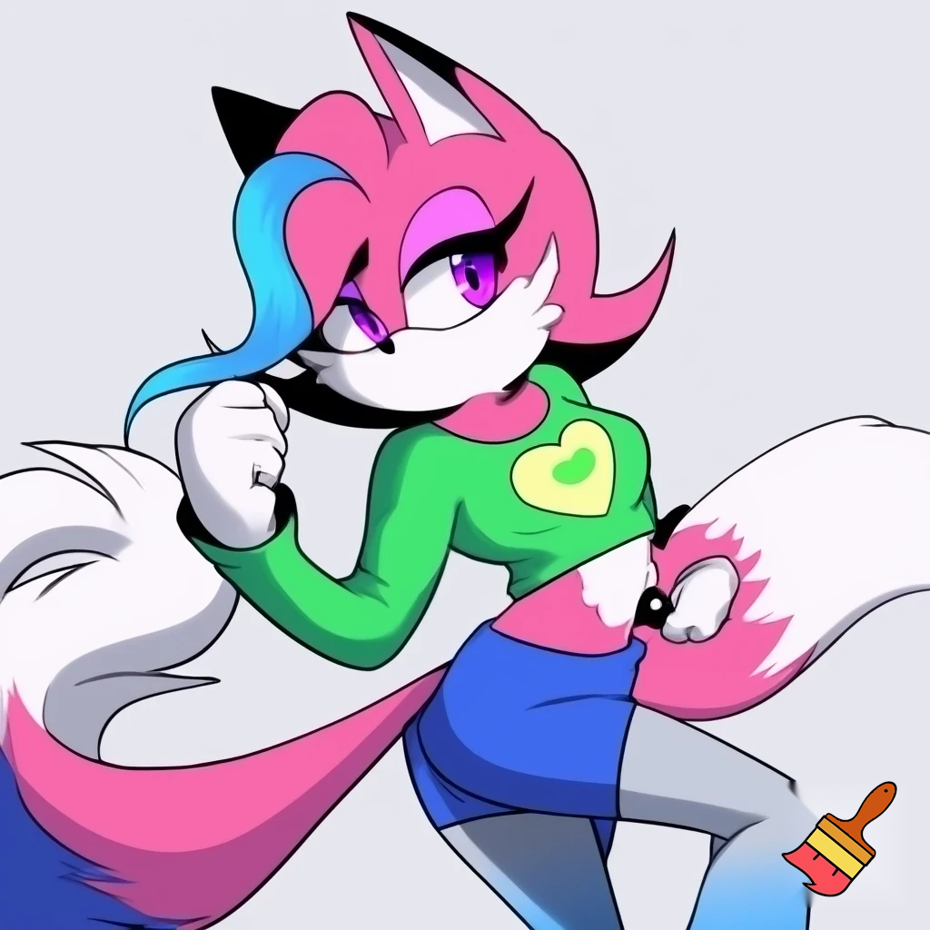 Pink fox sonic oc female with purple eyes, blue at end of swept hair on left side in front and long straight hair in back, black tipped ears, green cropped shirt with long sleeves and light yellow heart in the middle of shirt with an even smaller green heart in the middle of that light yellow heart, blue pants and long white and gray-blue gradient boots. sonic styled fox. no eyeshadow. white fluffy cheeks and stomach.