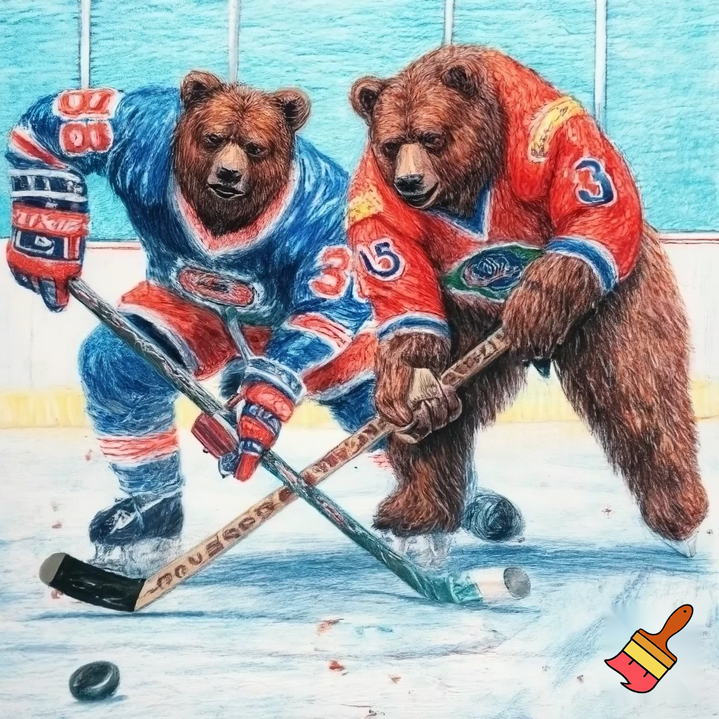 brown bears hockey players crayon drawing style with hockey uniform
