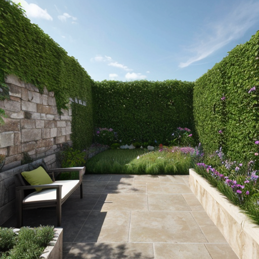 Realistic natural garden, excavator removed.
Green lawn in the center.
Low natural sandstone wall about 50 cm high along the top and right side.
Dense shrubs between wall and fence for privacy.
