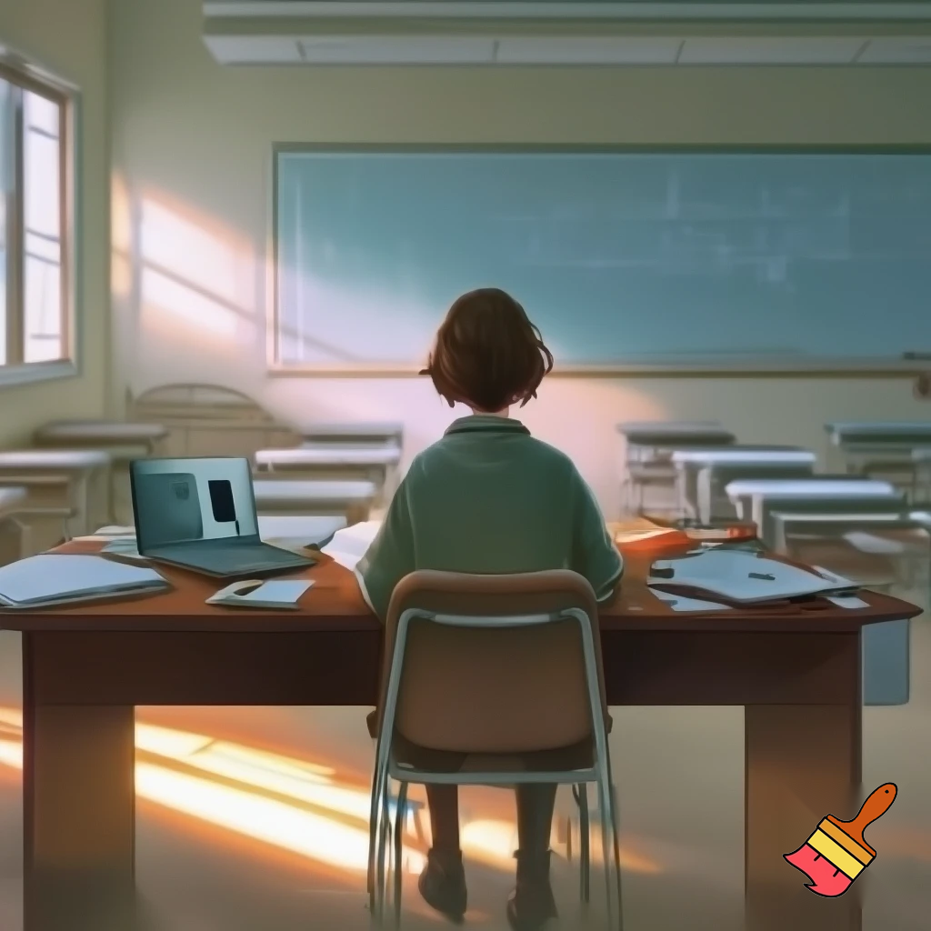 school background of a teacher desk view of someone (the cameraman ) standing in front of the desk no chair