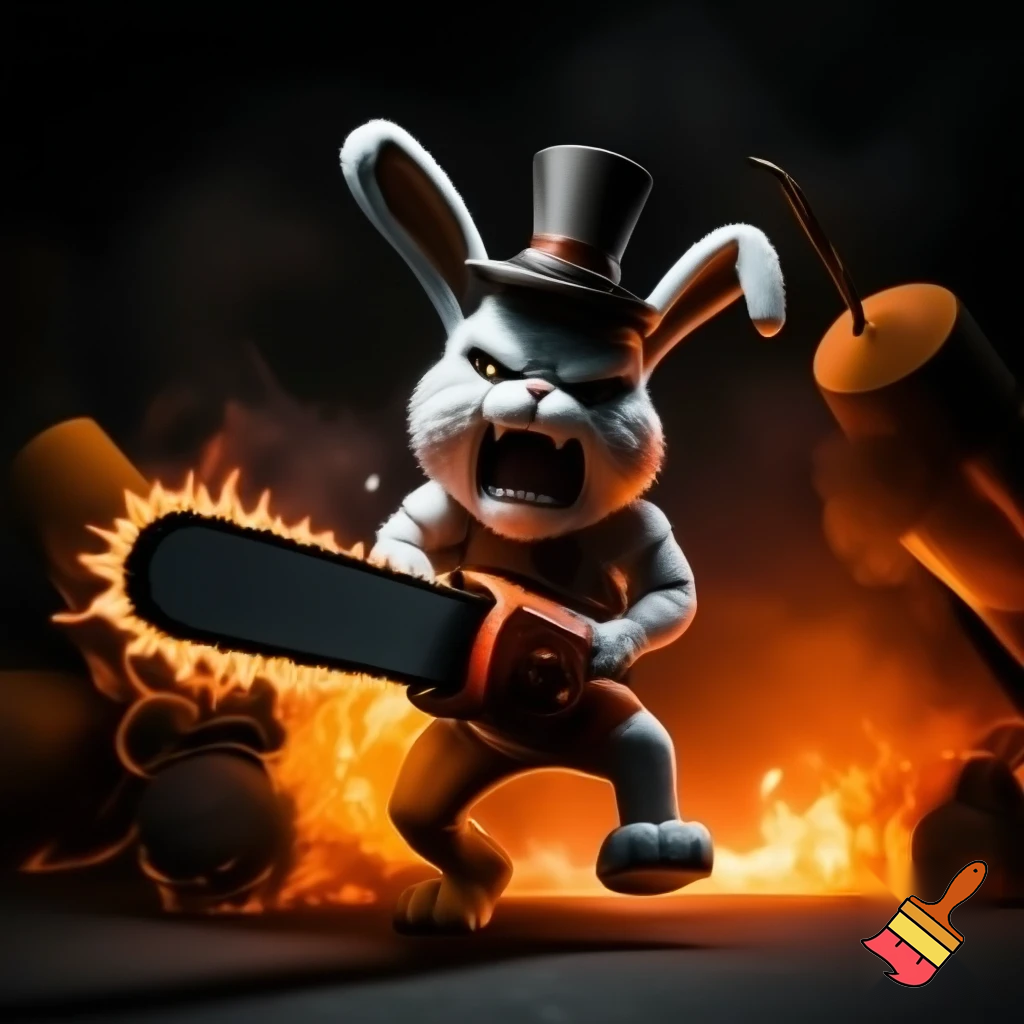 Easter bunny with a chainsaw with a top hat mascot costume go to naughty people angry Easter bunny fire bomb fire bomb