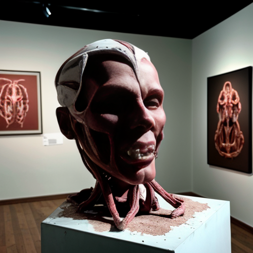 A high-resolution, detailed photograph capturing a complex, visceral biomechanical sculpture and human subject within a contemporary art gallery setting. The central figure is a large, elaborate sculpture constructed from exposed anatomical textures, deep red meat, bone, and intricate wiring, featuring multiple multi-jointed human heads and torsos with agape, screaming mouths, suspended and framed by white PVC piping and supports. The sculpture rests on a distressed white plinth with wheels. Standing next to it is a underground humanoid cannibal wearing a light blue face mask, a black long-sleeved shirt, dark jeans, and grey sneakers. In the foreground, another sculpture covered in a white cloth is visible. The gallery walls are mint green, and a large, framed classical painting is on the wall behind the sculpture. The scene has even, diffused lighting that highlights every extreme detail and texture, making the gore and materials look palpably real."