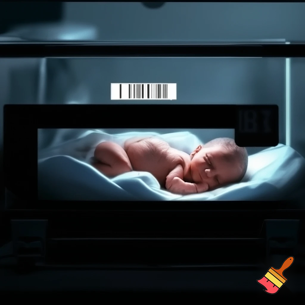un bebé en una incubadora con un código de barras y una etiqueta con un precio 