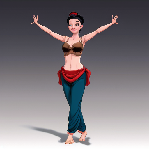 90's disney's 2d aladdin style comic dark blue background and panels of panel 1 Pocahontas barefoot with brown harem pants and bra with both hand palms place together and hiding the bottom of her mouth with a brown veil wrapped around her arms and attached to her head. 
panel 2 she danced with brown harem pants barefoot with brown bra and brown veil wrapped around her arms and shoulders and raising legs and panel 3 Pocahontas barefoot with brown harem pants and bra just bounced up and down her belly  and shook her hips left and right. 
panel 4 as Pocahontas barefoot with brown harem pants and bra spreading her arms, happily revealing her face to the viewer and giving a smile as she turns around shook her butt left and right. 
Panel 5 Pocahontas barefoot with brown harem pants and bra started to fading away , except her belly, which is bouncing around. 
Panel 6 then the ball transforms into the fading in belly of mulan  with red harem pants and red bra and red curved slippers with a  red veil wrapped around her arms and shoulders with her swaying her hips. 
Panel 7 mulan with red harem pants, red bra and red curved slippers and with a red veil wrapped around her arms and shoulders and with her hand palms place together between her chest and she gives a smile and winking her left eye.