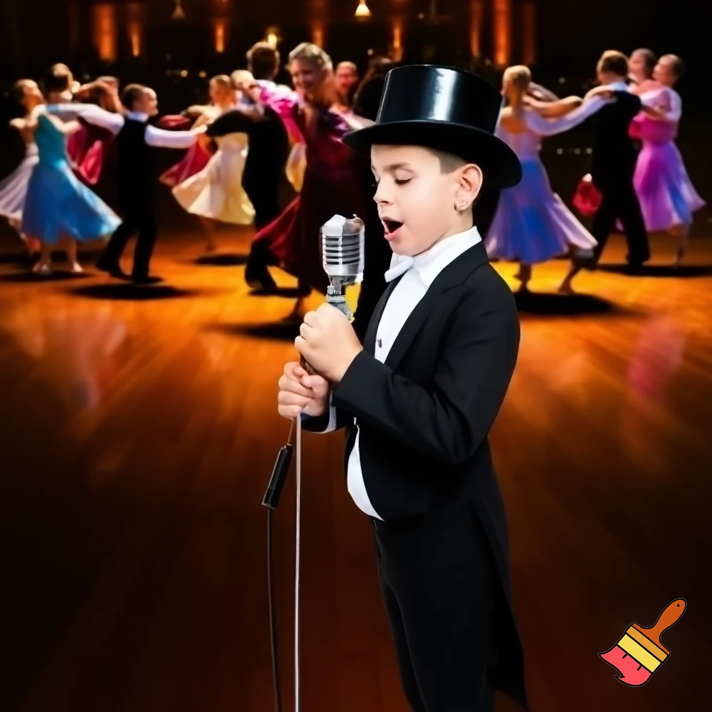 Preteen Boy in shiny Top Hat White Bowtie Black Tailcoat Black Shoes Singing in Microphone on a big Stage. Behind him Ballroom Dance Kid Couples Dancing, the Boys in formal stylish Tailcoats, the Girls in beautiful Ballroom Gowns