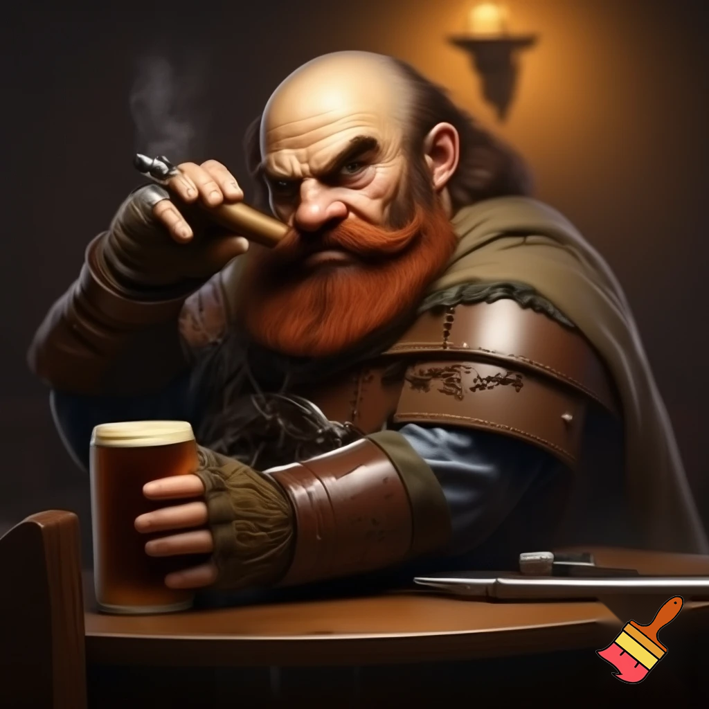 short far dwarf. gunslinger. cigar. sitting at the counter on chair in tavern and sipping a pint. bald. red beard. rough atmosphere. kilt. musket on the table. rugged leather armor. angry. harsh drawn style