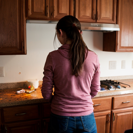 Back shot, close, A 14 year old standing. Her hands dried in mud. Wearing a scarf. Standing near kitchen counter.