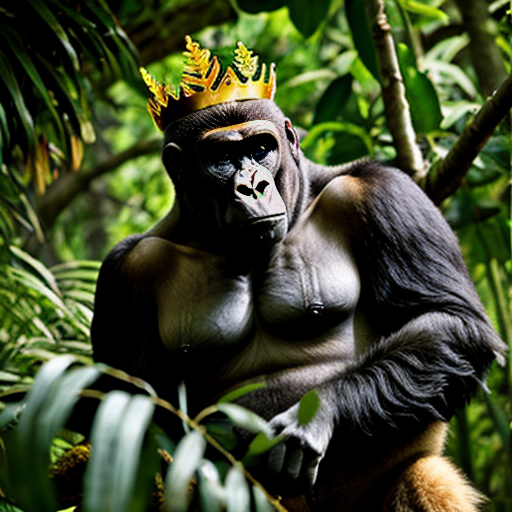 a big king gorilla with a golden leaf crown in the jungle with red eyes