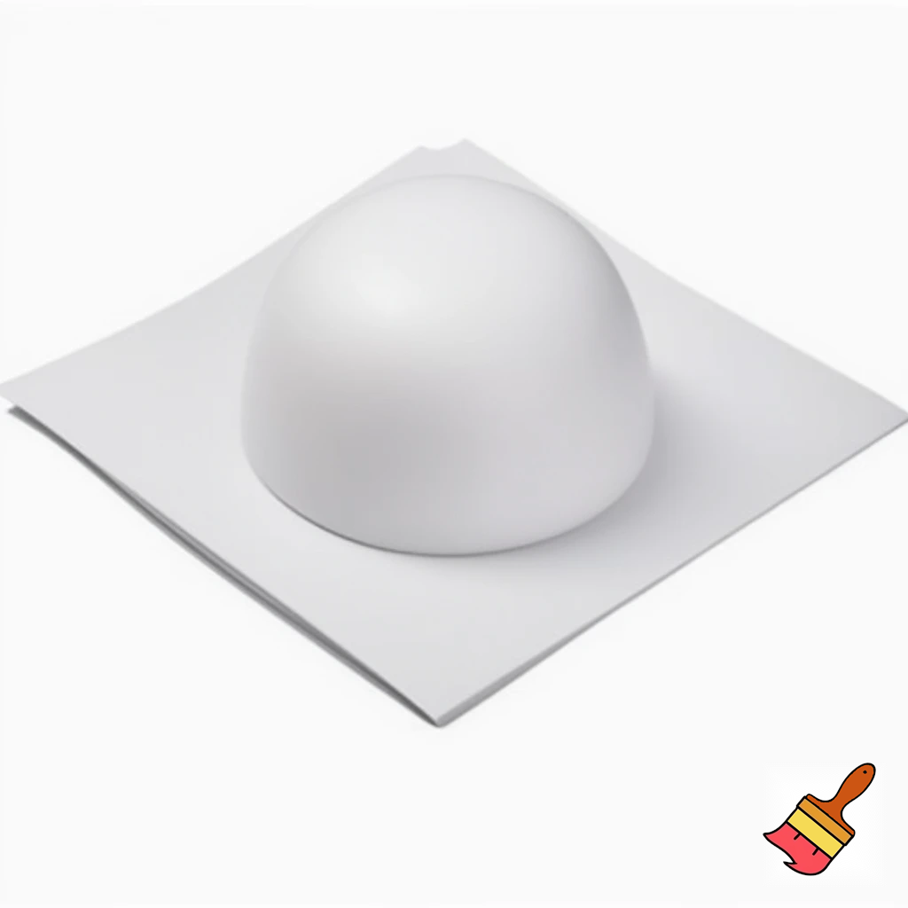 Imagine a flexible, gel-like bowl placed on top of a square piece of paper. The bowl’s material stretches and conforms perfectly to the square edges and corners of the paper, creating a smooth, dome-like shape. The bowl’s surface molds seamlessly to the square outline, resulting in a perfectly fitted, stretched, and dome-like appearance.