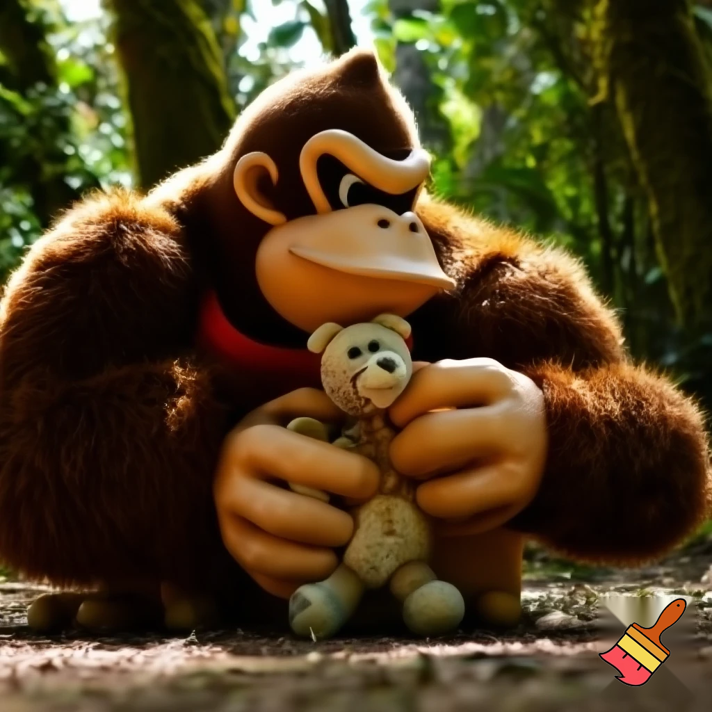 Donkey Kong hugging a teddy bear