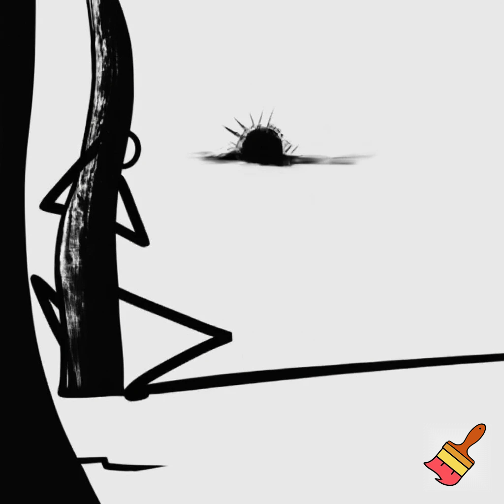 Ancient human survival

Stick figure hiding behind tree, predator in distance, black and white, minimalist, xkcd-style, survival concept illustration