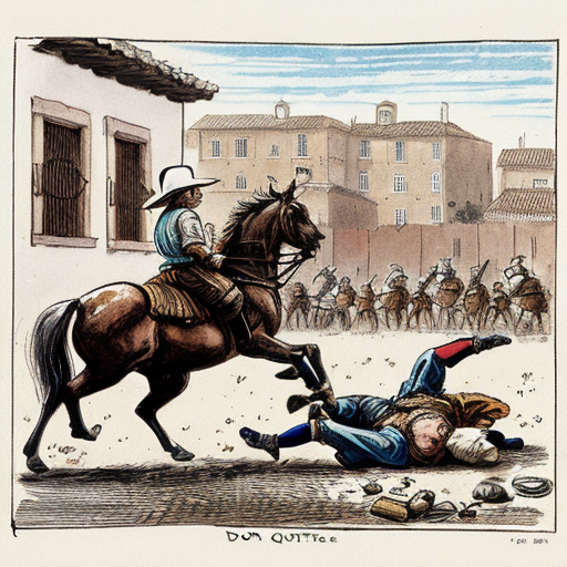 Illustration of a scene from Don Quixote, Scene 7.
A muleteer (arriero) punching Don Quixote.
Don Quixote falling to the ground, armor damaged.
Sancho Panza nearby, shocked and worried.
Old Spanish inn in the background.
Action scene but educational, not violent.
Classic book illustration style, 17th century Spain.
Soft colors, hand-drawn, clear composition.



