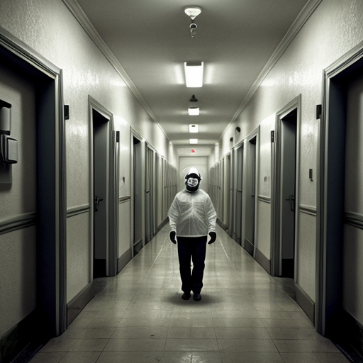 a vey scary mental hospital hallway with 6 silouttes of people with needles make it scary