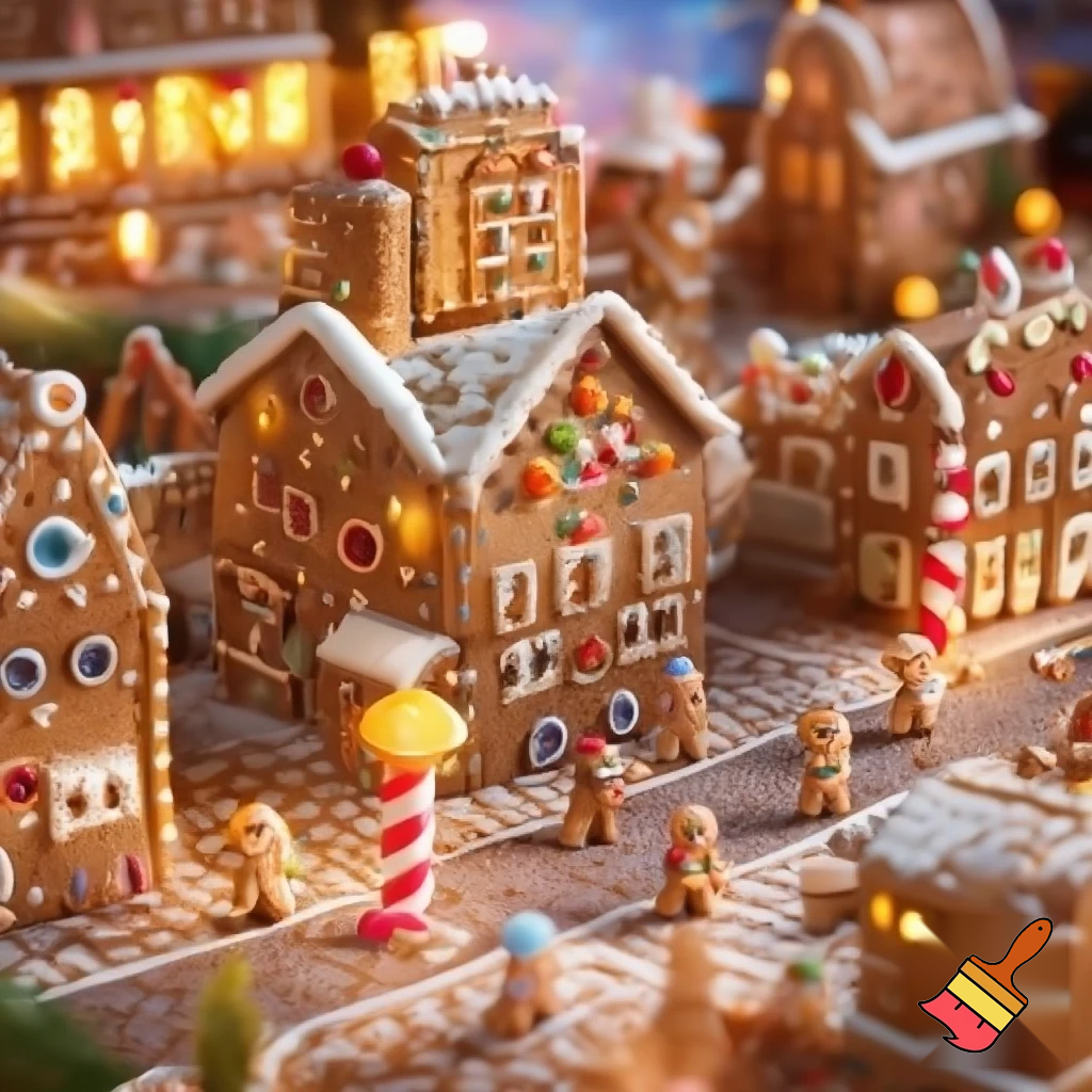 ginger bread house city withsom ginger breads people walking around

