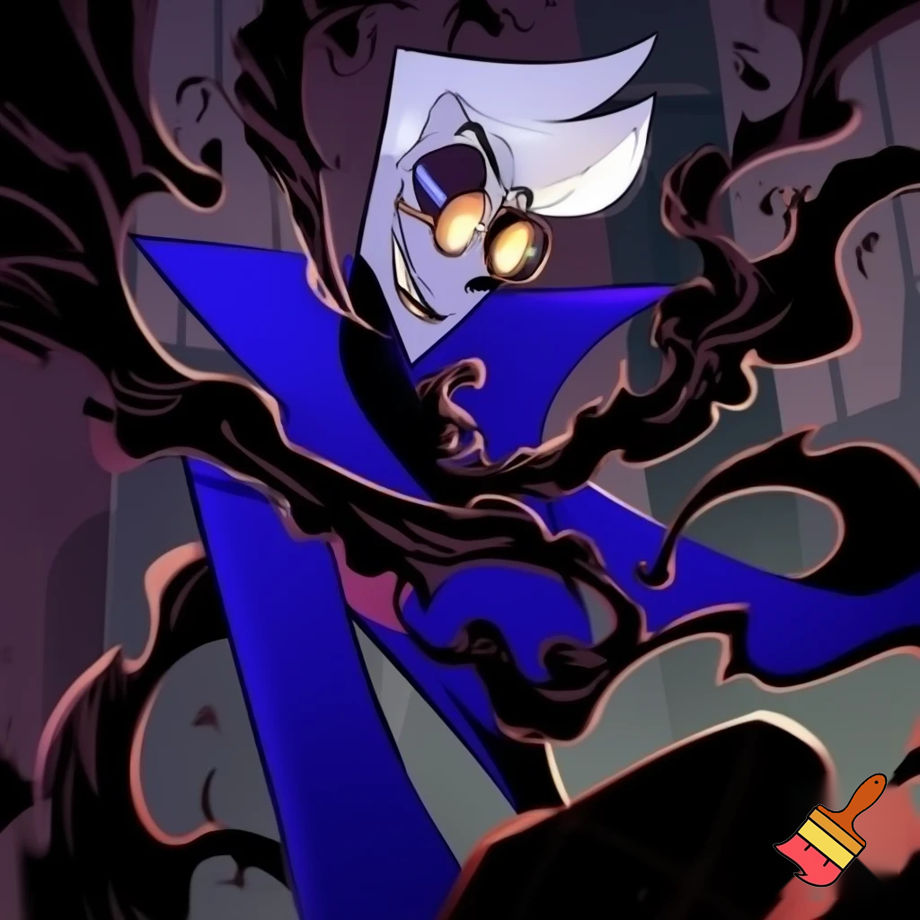 A tall, lean pale man with white hair, distinctive round brass glasses he has a stern look on his face. his face In cartoonish art style of hazbin hotel wearing his signature blue overcoat with black sinister smoke curling around him