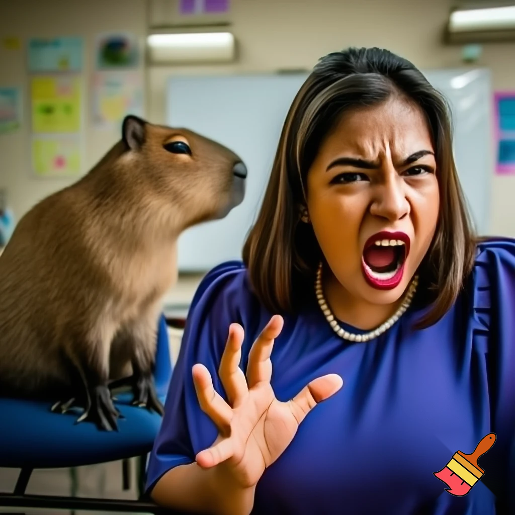 a teacher is yelling a capy bara