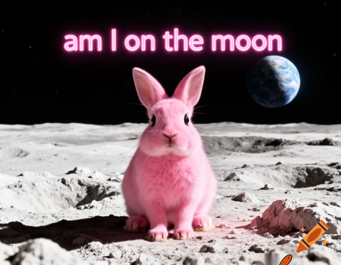 pink rabbit on the moon saying am i on the moon