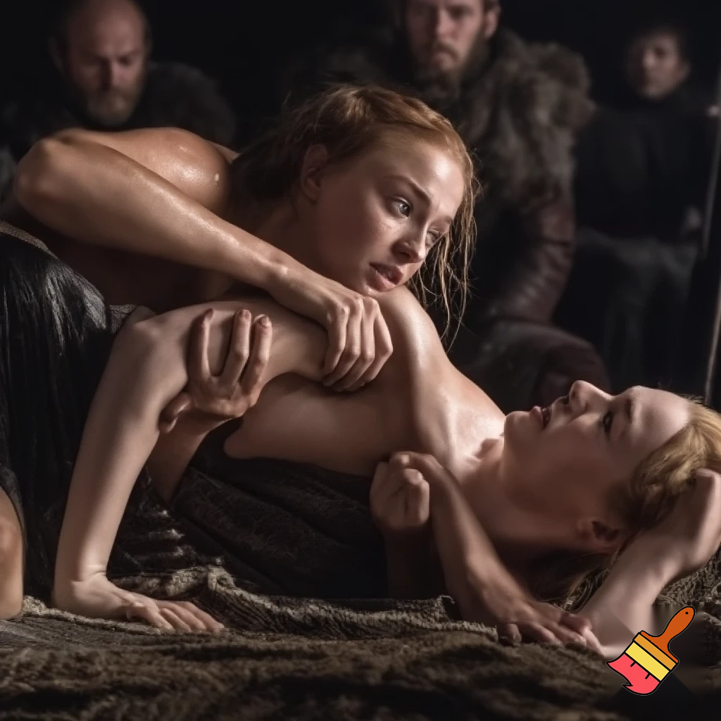 Sophie Turner and Cersei Lannister are fighting in a hut. Cersei Lannister is lying on top of Sophie , pinning her to the ground. Both are naked and sweaty
