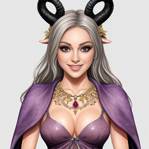 A elegantly beautiful seven-foot tall, lavender-pink skinned Tiefling with ram-like horns, long wavey blond hair and a curvaceous figure. She is dressed for a long journey on the road, with many assorted shiny bobbles worn like jewelry and as adornments on her cloak and around her waist. She has a cheerful smile and jovial ruby eyes. In the art style of a well-drawn comic or anime character.