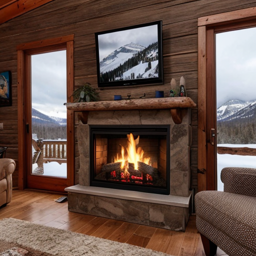 Photo in portrait mode of a warm fireplace burning in a cozy log cabin with a view of snowcap mountain overlooking a clear as crystal lake