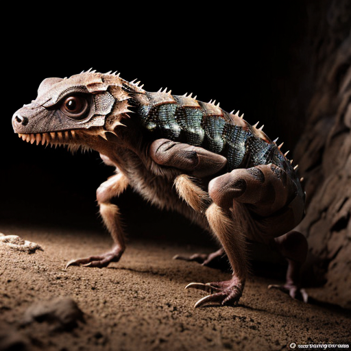 Generate a creature that stands on 4 legs, has large claws on the front and back legs.
Has scales along its body that are shades of brown
Have this creature be burrowing underground 