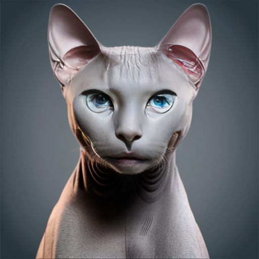 Realistic Light grey Sphynx cat with light blue eyes against a cool background. Square image 