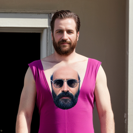 a man wearing a pink dress and he has a mustahe