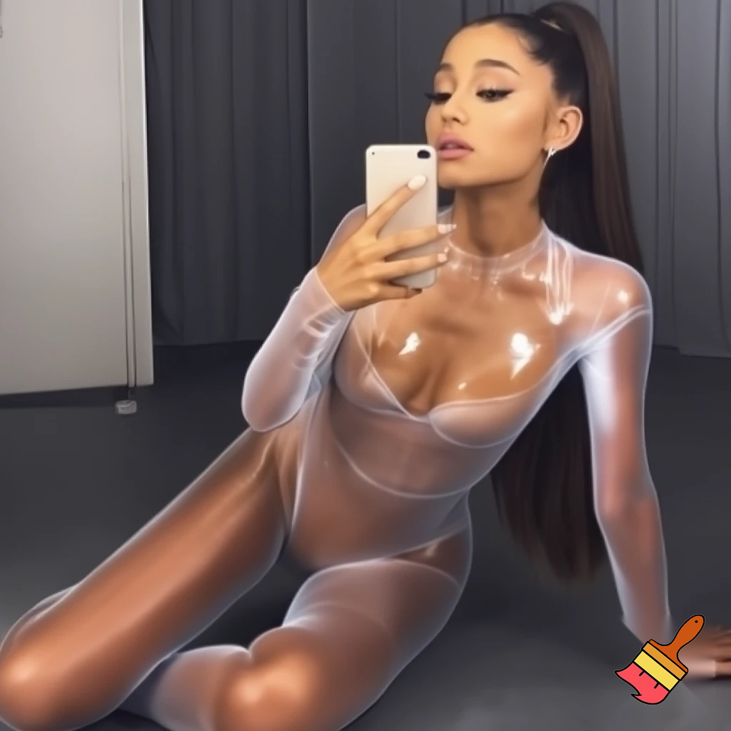 ariana grande wearing a transparent bodysuit holding her phone in the floor selfie ,sexy hot bunny