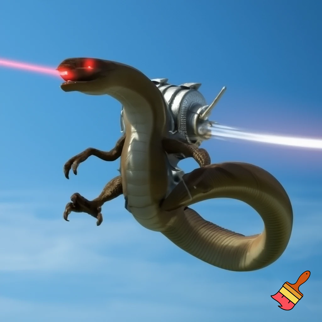 Make me a flying snake with T rex arms and legs with a jetpack and laser eyes
