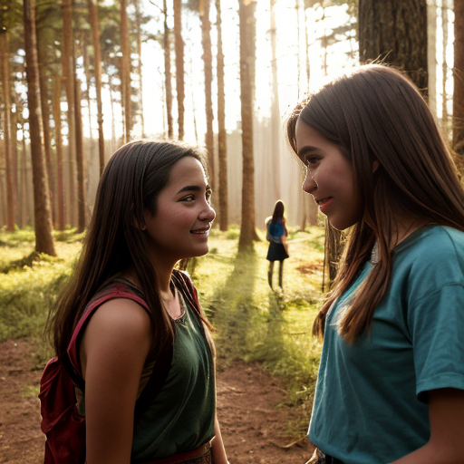“Spirit Yuruparí emerging from golden light, speaking to a teen girl in the forest.”