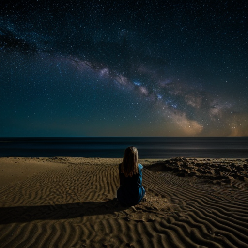 A girl amidst the sand, with the sea before her, gazing at the stars

