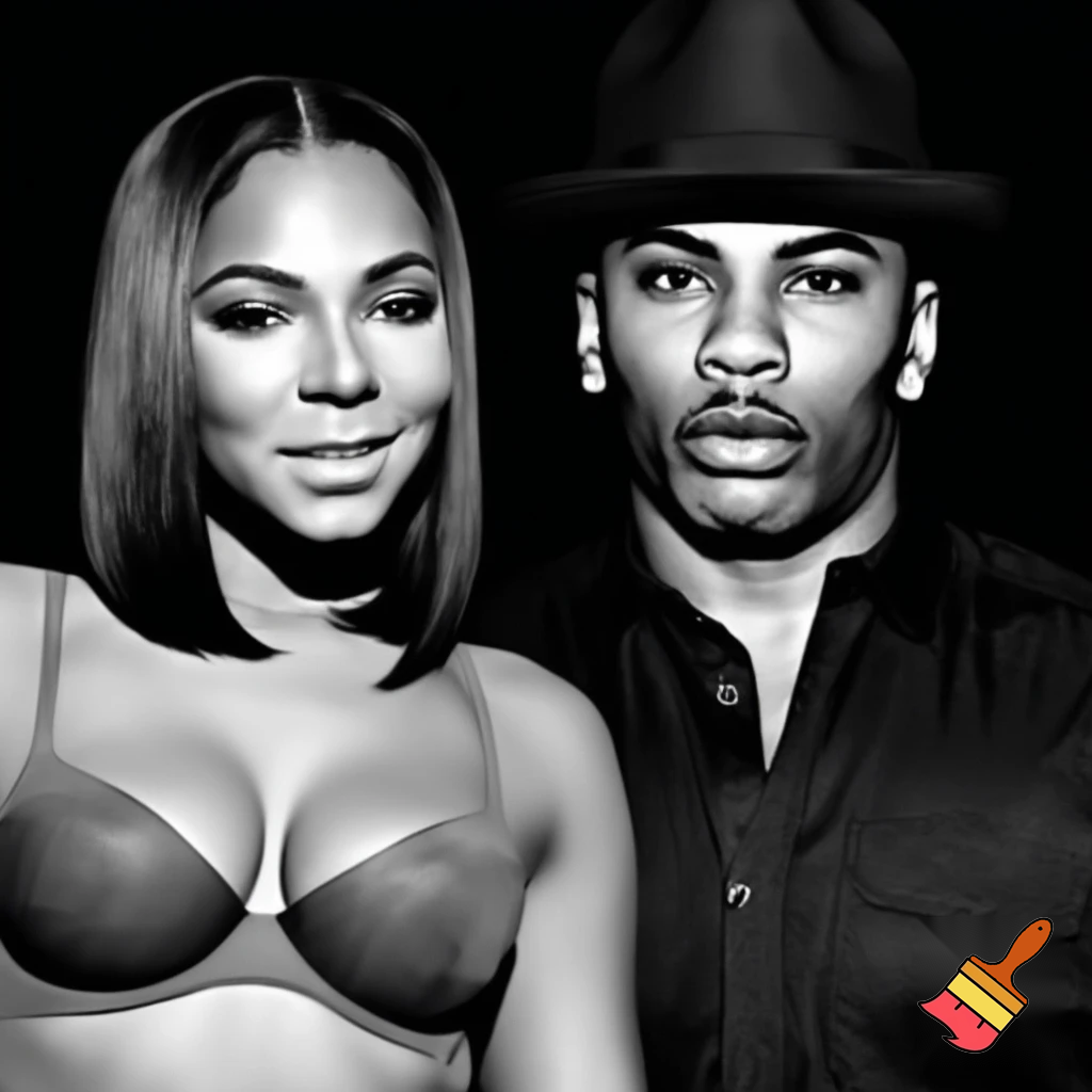 Black and white vogue photograph of Ashanti with a black sleek middle part bob hair wearing a grey and black bra and Nelly wearing a hat and a button up shirt 
