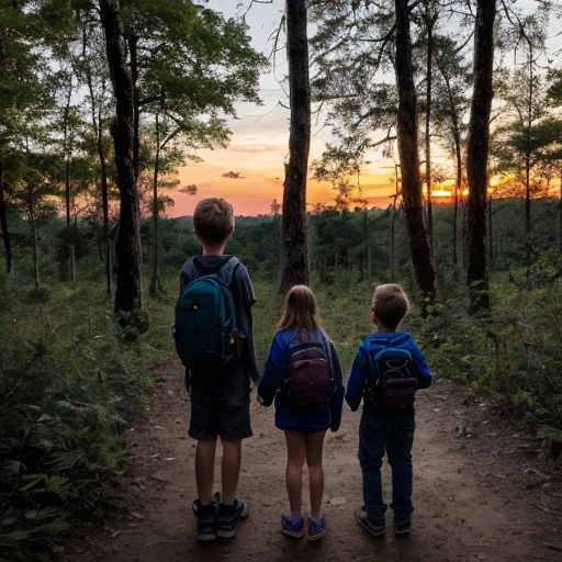 Two kids one girl one boy back to back in a forest sunset adventure 