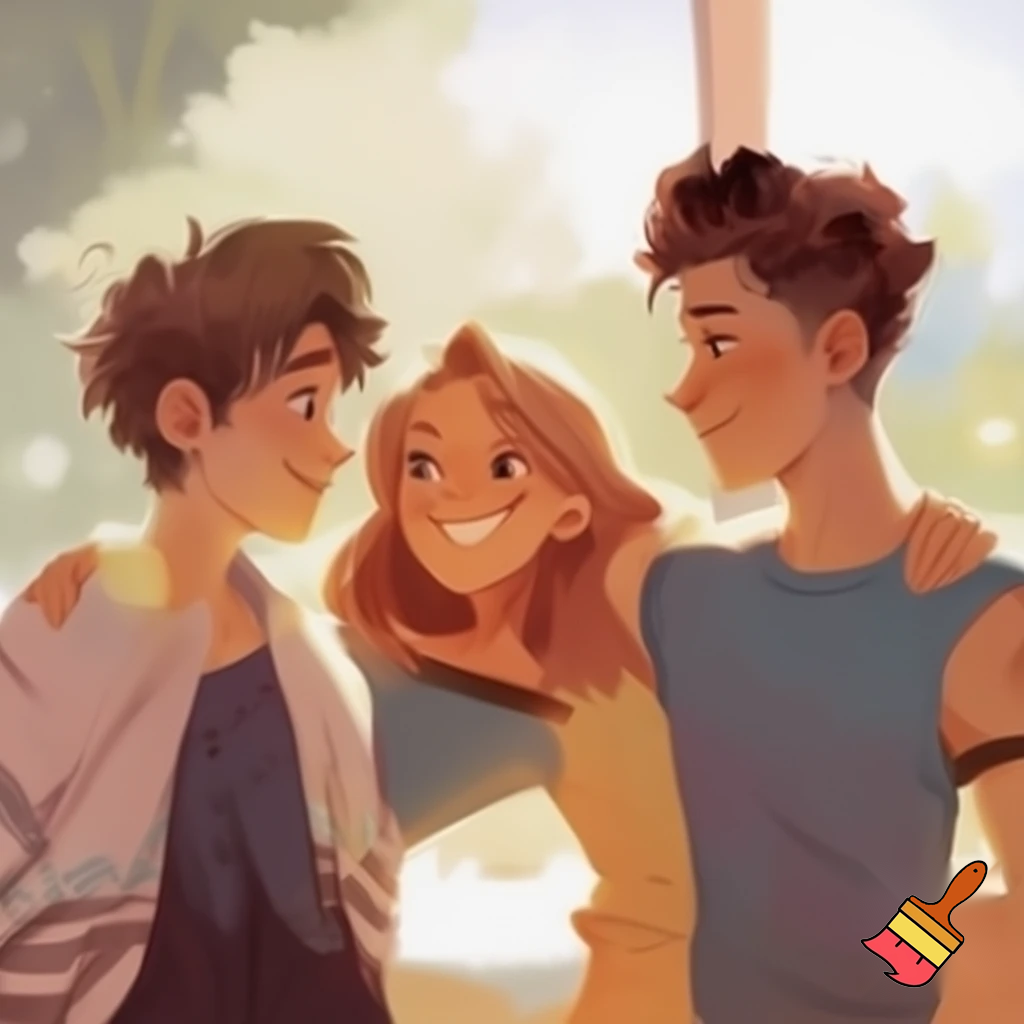 make an image of three cousins. 2 boys, one girl. they should be friendly teenagers 