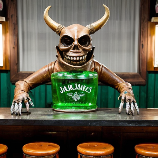 a grotesque, photorealistic dive bar frozen in time—peeling wallpaper stained with decades of smoke and spilled liquor, broken furniture piled like carcasses in the corners, a single flickering bulb casting jaundiced light. Front and center, a nightmare scarecrow slouches on a stool, its burlap face split by a stitched grin, cornstalk fingers wrapped around a bottle of Jack Daniels, tendrils of hay spilling from its rotting chest cavity where whiskey drips into exposed ribs. Beside it, three 1950s-era hazmat suits—faded yellow rubber, cracked visors fogged with condensation—lean drunkenly against the bar, gloved hands clutching martini glasses filled with neon-green sludge. A hunchbacked goblin with pustular skin and jagged teeth perches on a keg, chugging a foaming beer that spills down its chin onto a taxidermied rat hanging from its necklace. Towering over them all, a corroded bronze statue of Satan rises from the debris, one hoof resting on a toppled jukebox, its leering face tilted as if amused by the decay. The air is thick with the ghosts of a thousand bad decisions