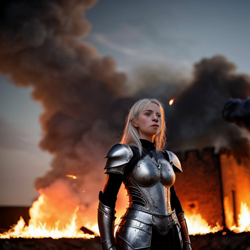 young white-haired woman in armor stands in front of a burning castle into which meteor are falling