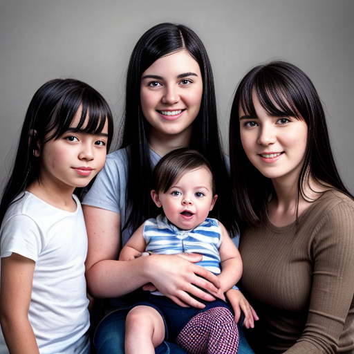 make a family photo with a 26 year old mom with black hair. Add her 2 
year old boy triplets with black hair. also add her 16 year old triplet girls with black long hair.