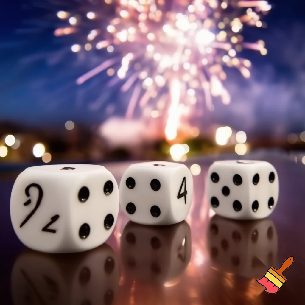 erstelle ein foto mit drei würfeln, der linke würfel hat auf jeder seiner sechs flächen nur die 2 als augenzahl, der mittlere würfel hat nur die 4 auf jeder seite, und der rechte würfel hat nur die fünf als augenzahl, es sind weiße spielwürfel auf einer tischplatte, im hintergrund sieht mein ein silvesterarrangement mit feuerwerk, romantisches bild
