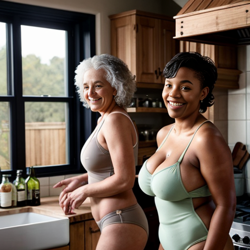 A realistic, full-body image of three plus-size women standing together in a cozy, sunlit kitchen. Two of the women are elderly, around their 90s — one with dark hair, the other with blonde hair. The third is a younger African American woman in her 20s. All three are wearing modest beige swimsuits and have fuller body types. They stand confidently, smiling softly, in a natural and dignified scene. Warm light shines through the kitchen window, highlighting wooden counters and a welcoming atmosphere.